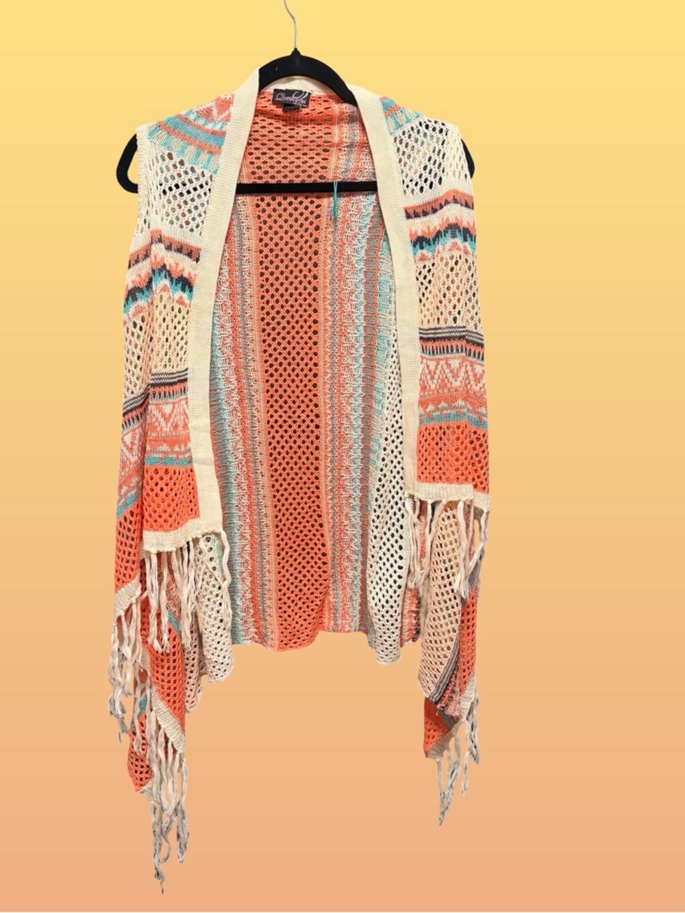 Questions by Say What Open Knit Fringe Cardigan Vest Boho Aztec Coral M NWOT